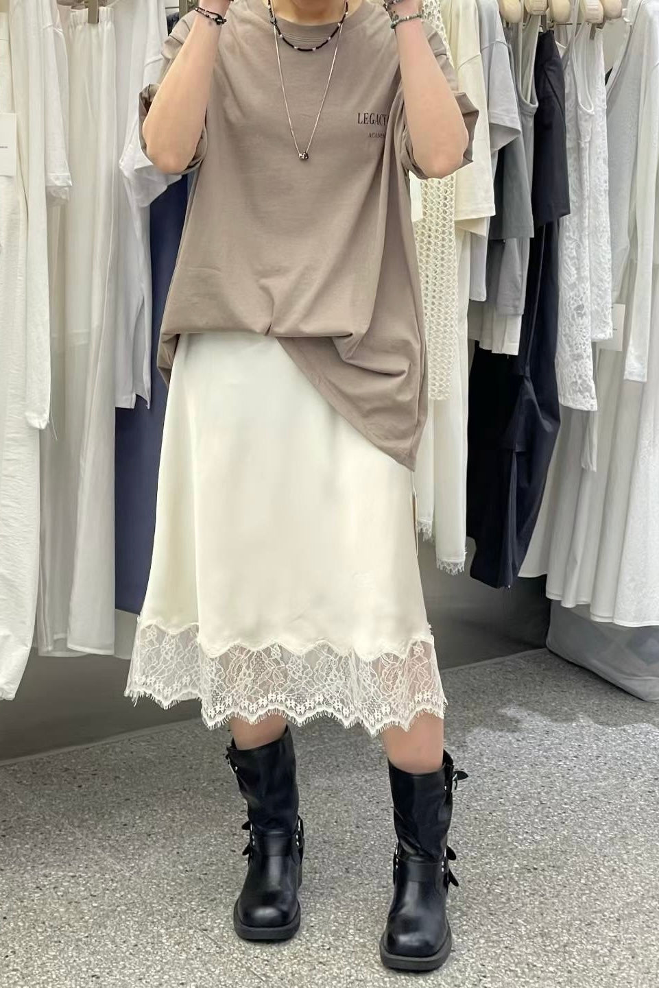 250705 Frankie Lace Hem Satin Skirt