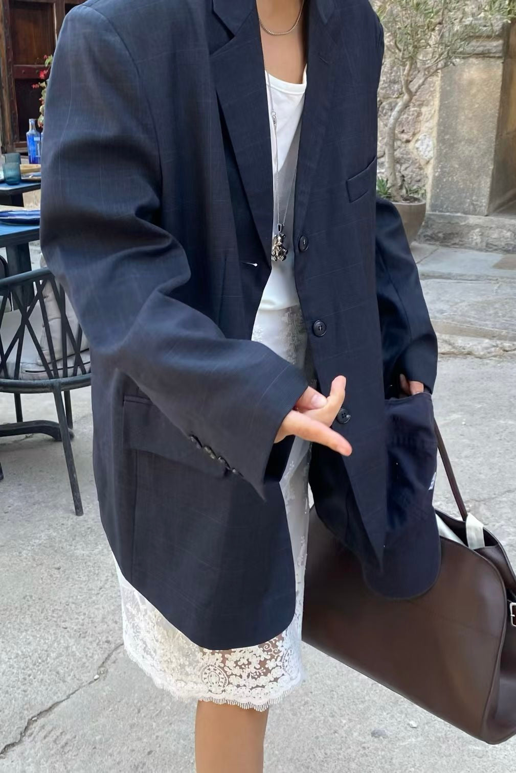 250946 European Checkered Overfit Blazer