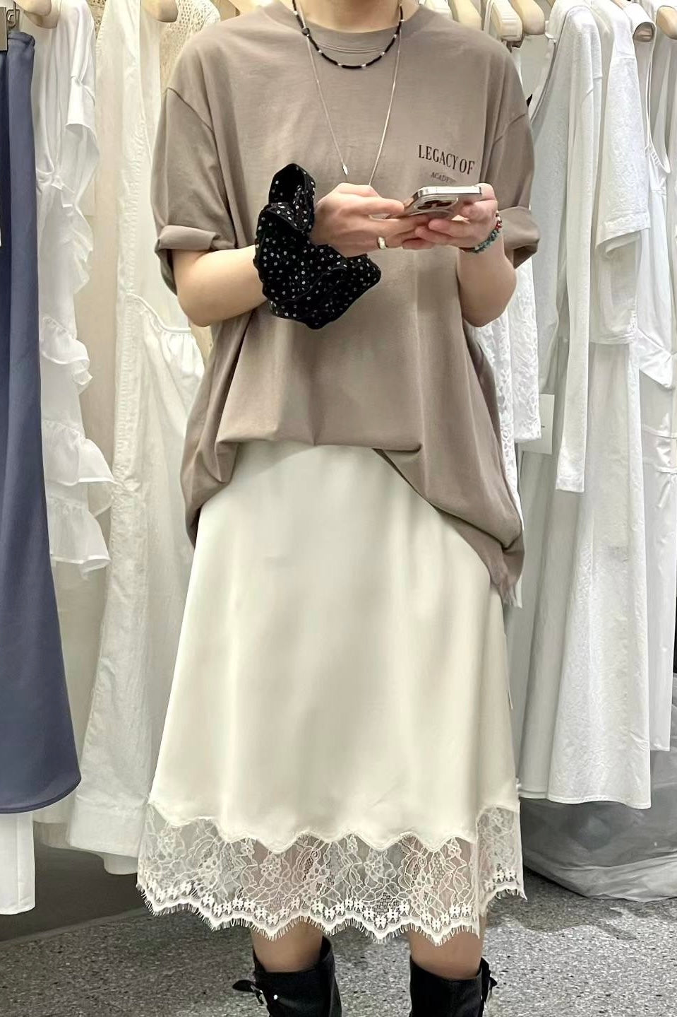 250705 Frankie Lace Hem Satin Skirt