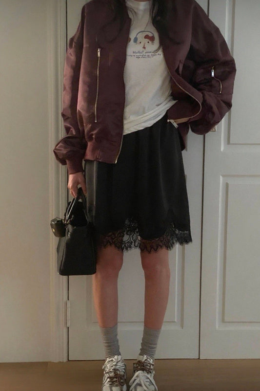 250945 Lace Trim Short Satin Skirt